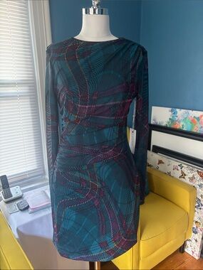 Mesh Scuba Mini Dress Teal Long-Sleeve Printed Sheath Dress